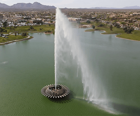 aerial view of fountain over fountain lake