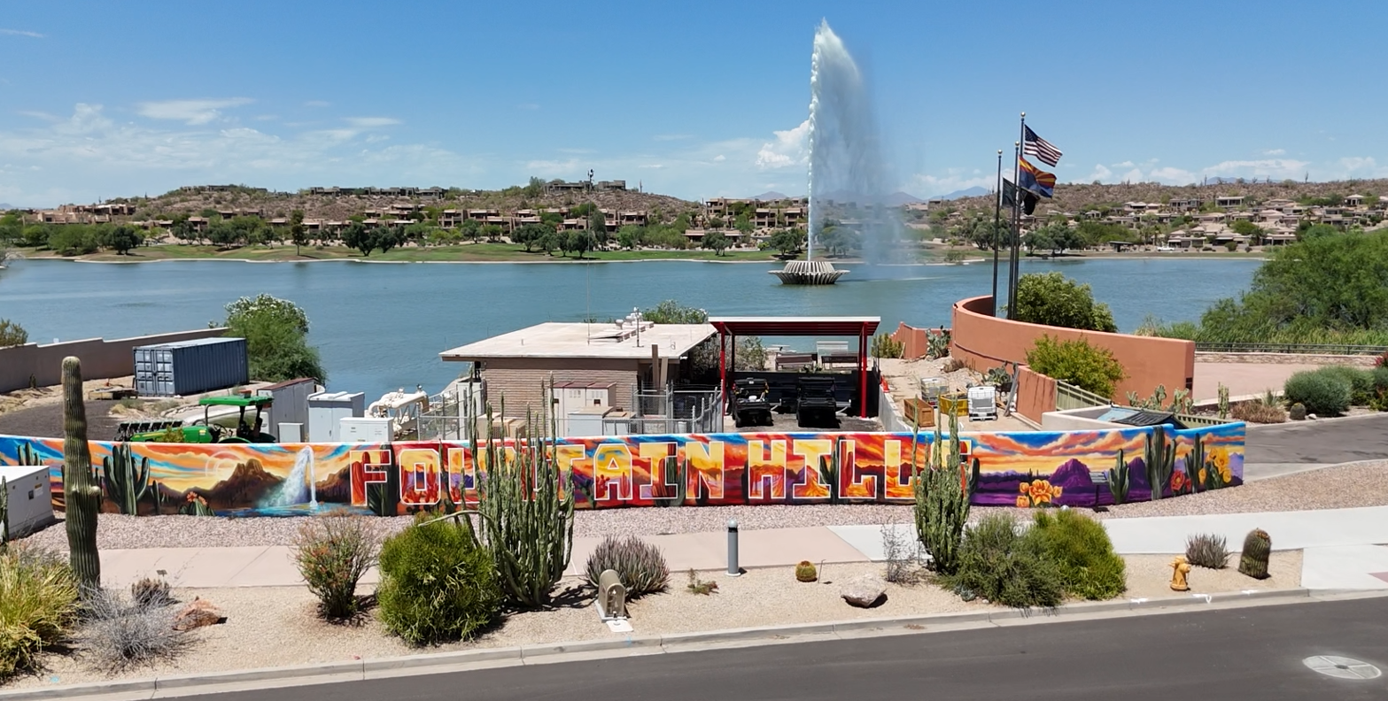 Mural with fountain in background