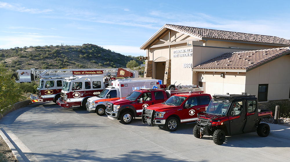 Fire vehicles lined up in front of Fire Station 2 in Fountain Hills